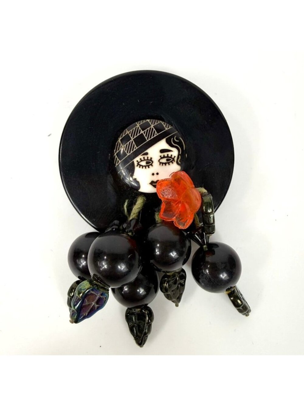 Black Bakelite Flapper Girl Round Dangle Berries Brooch Signed Fizes